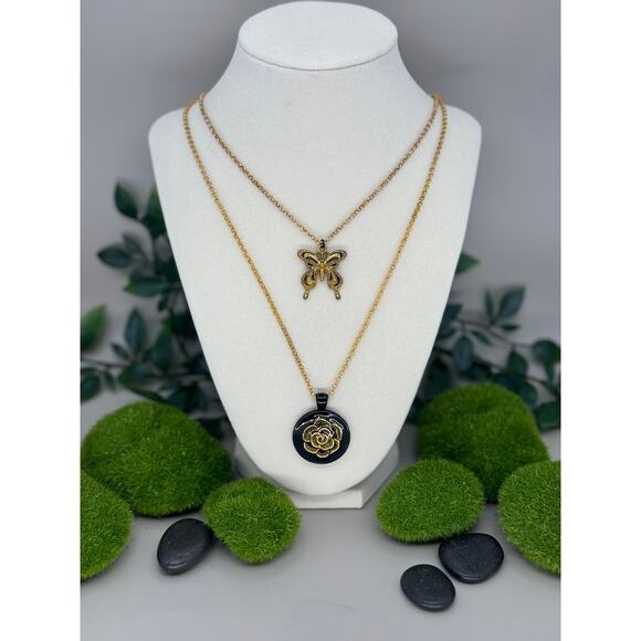Handmade Butterfly and Rose Layered Necklace - Picture 1 of 3